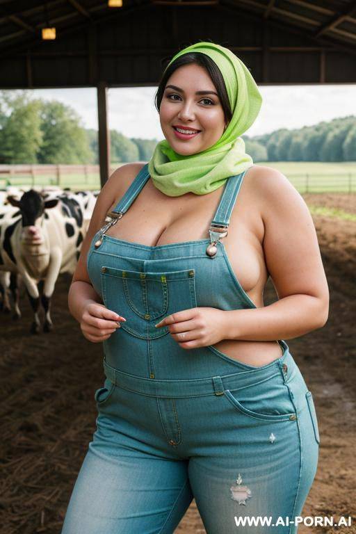 smiling curvy russian brunette chubby wife topless wearing colored hijab and dirty lime green overalls in cows farm - #main