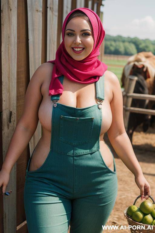 smiling curvy russian brunette chubby wife topless wearing colored hijab and dirty lime green overalls in animals farm - #main