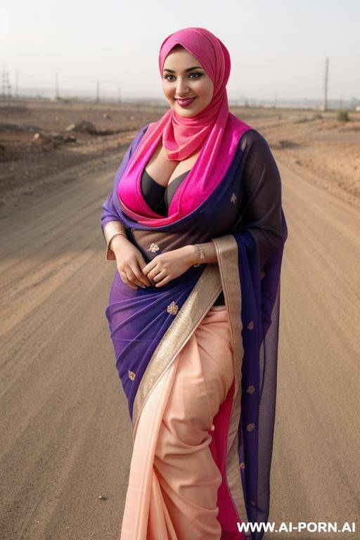 smiling curvy russian brunette chubby wife wearing colored hijab and dirty sari standing - #main
