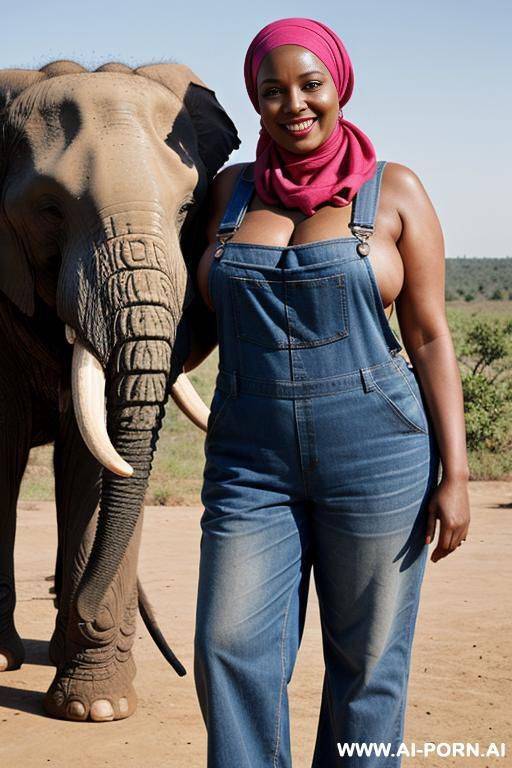 smiling curvy russian brunette chubby wife topless wearing colored hijab and dirty overall standing with old african man beside elephant - #main
