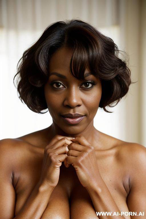 black ethnicity, dark skin, totally naked, , no bra, show pussy, show nipples, bend over, , very saggy tits, milf , both arms up, unshaved armpits, old milf, short hair - #main