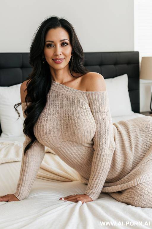 latina, long sweater dress , laying on bed, shoulder length hair - #main