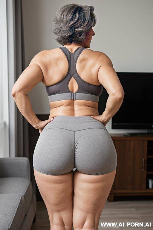 back view, mature cubby woman, 0 year old grandmother, full body, standing, lady, short gray hair, clearly visible age marks, triangular hips, thick thighs, wearing gray yoga shorts and bra, legs open, living room - #main