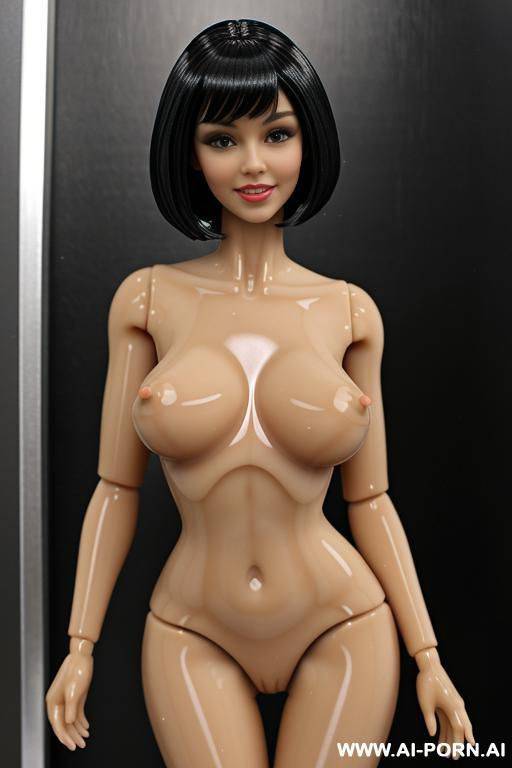 doll, plastic look, plastic skin, shoulder length black, blunt cut hair, pretty face, plastic face, plastic body, fully nude, full frontal view, big plastic tits, plastic ass, standing in doll house, smiling,. naked - #main