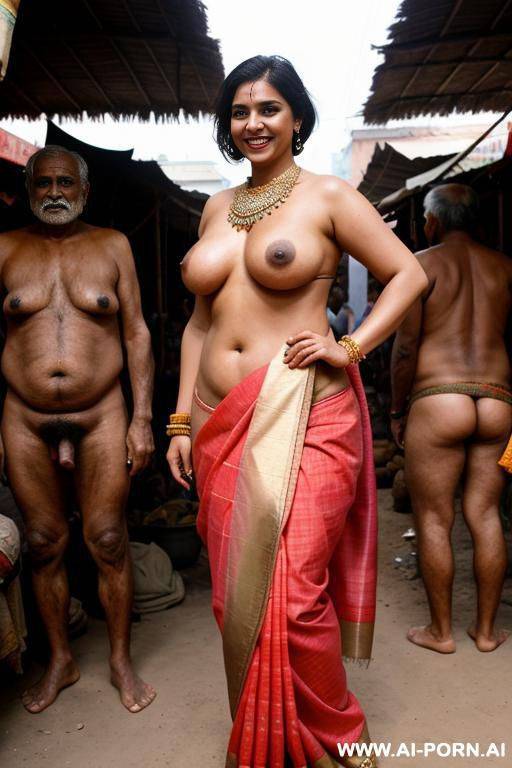 smiling curvy russian brunette chubby wife with unruly short hair topless wearing dirty sari standing surrounded by many old indian men in market - #main