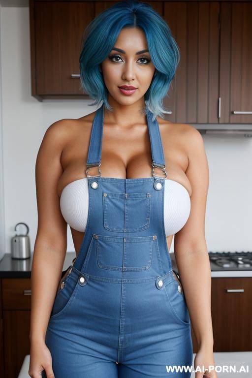 an hyper gigantic saggy breasts wearing an overall, tanned skin - #main