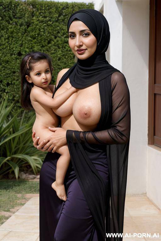 hijabi topless scared milf with naked niece on arms - #main