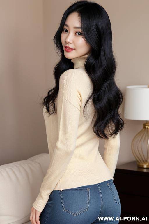half-french and half-korean, 1cm , wearing a thick, cream-colored turtleneck sweater, paired with a pair of comfortable, high-waisted, tight-fitting jeans. she has a dainty, delicate frame with a - #main