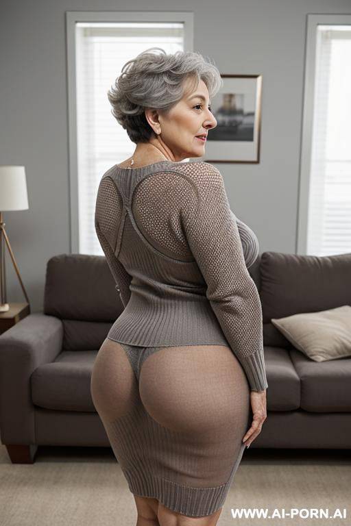 back view, mature cubby woman, 0 year old grandmother, full body, standing, lady, short gray hair, clearly visible age marks, triangular hips, thick thighs, wearing transparent sweater and bra, legs open, living room - #main
