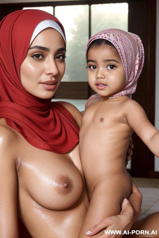 arab, oiled body, wearing hijab, with naked niece, oiled niece ((with naked niece)) - #main