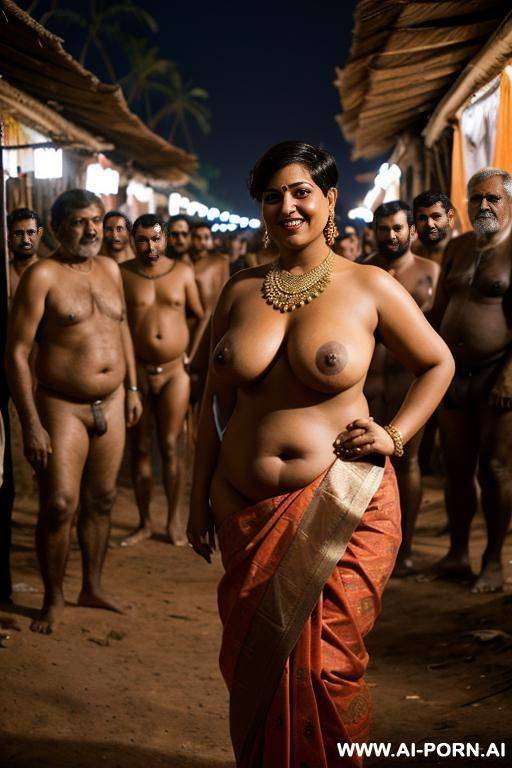 smiling curvy russian brunette chubby wife with unruly short hair topless wearing dirty sari standing surrounded by many old indian men at night - #main