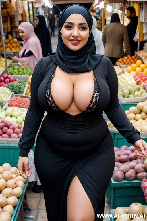 smiling curvy egyptian chubby wife wearing hijab standing opening her clothes flashing boobs in market - #main