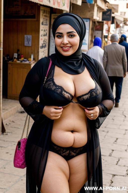 smiling curvy egyptian chubby wife wearing hijab opening her clothes flashing boobs standing with old man in market - #main