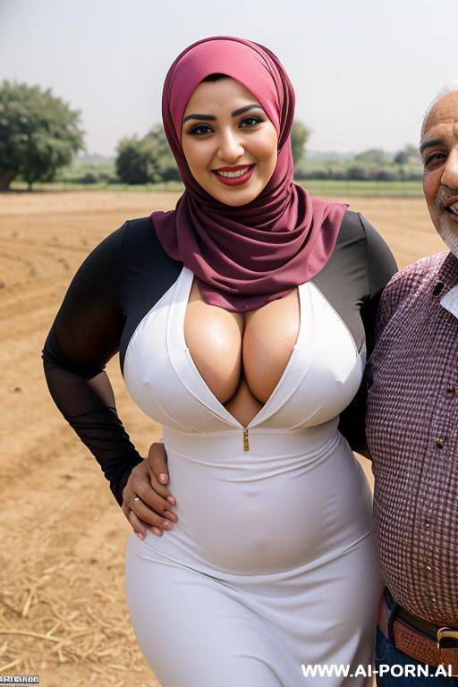 smiling curvy egyptian busty wife wearing hijab opening her clothes flashing boobs standing with old man in cows farm - #main