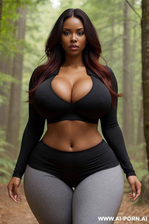 huge boobs, gigantic boobs, milf, in forest, bimbo, black hair, sexy afro woman, looking at the viewer angrily - #main