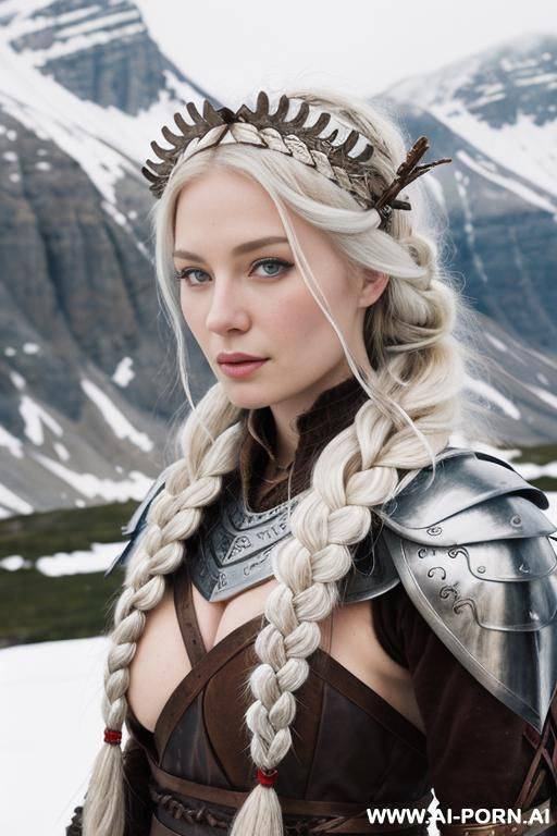 _topless armour, snowy mountain, braided hair, carrying a medieval sword, nordic scenery, flower headress, very white skin - #main