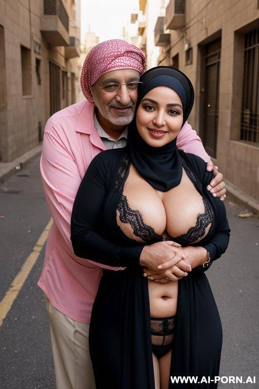 smiling curvy egyptian thick wife wearing hijab opening her clothes flashing boobs hugging old man in street - #main