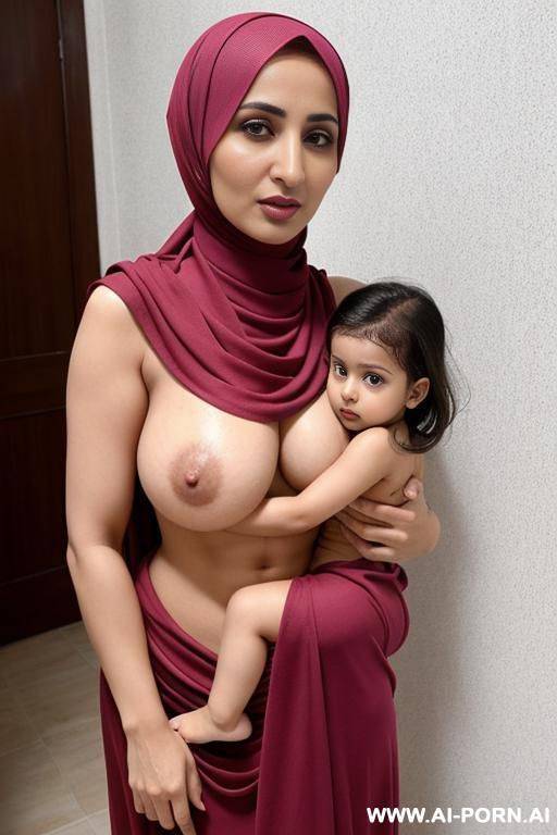hijabi topless scared milf with naked niece on arms - #main