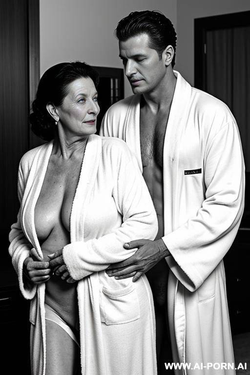 he grabbed his very old mother waist and pulled her onto his side, he pulled her robe open to expose her left brest, grabbing it and running his thumb over her nipple. - #main