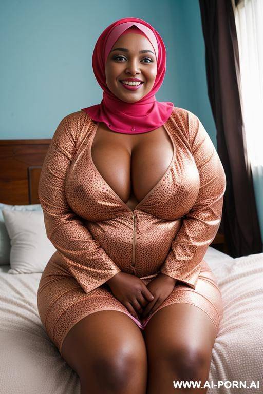smiling curvy russian brunette thick wife wearing hijab and tight bijama sitting on bed with old african man - #main