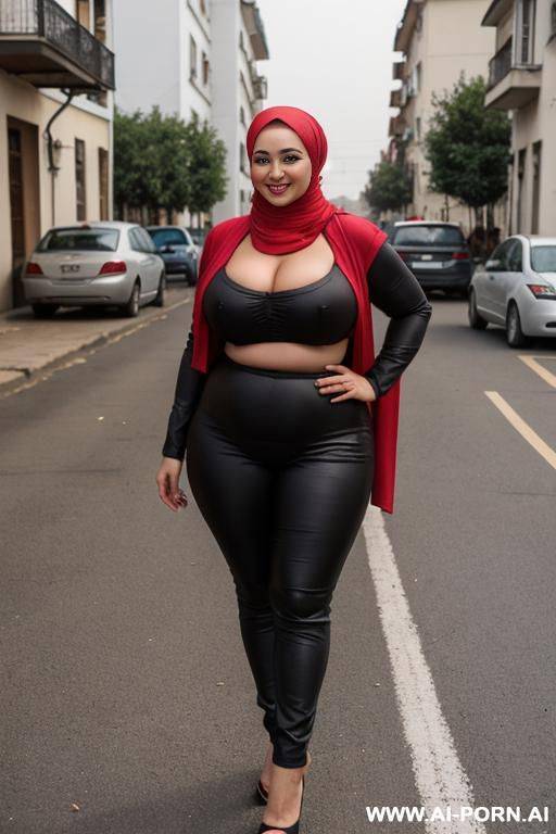 smiling curvy russian brunette chubby wife wearing hijab and tight pants flashing tits standing with old african man in street - #main