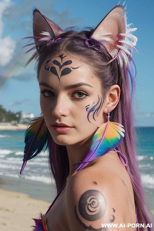 face, sexy, beautiful, ((face painting)), ((bikini as seashell)), ((tattoo roses)), ((eyes shw)), ((angel wings)), ((rainbow hair)), ((long bu hair)), ((wind)), (( cat face)), (( cat ears)), (((feather - #main