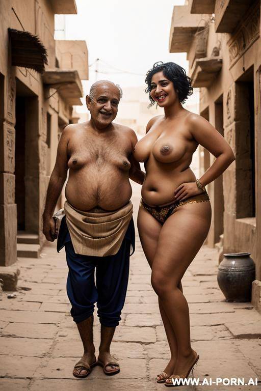smiling curvy egyptian chubby with short messy hair wearing sari topless standing with old egyptian man in street - #main