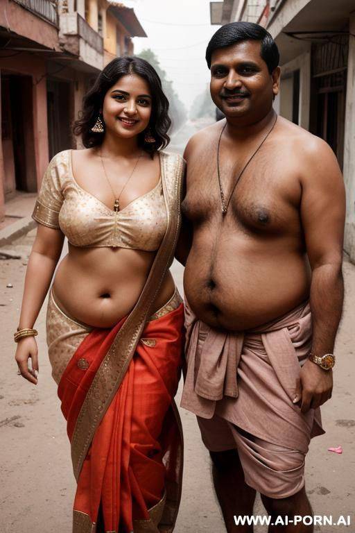 smiling curvy russian chubby brunette with short messy hair wearing sari topless standing with indian man in street - #main