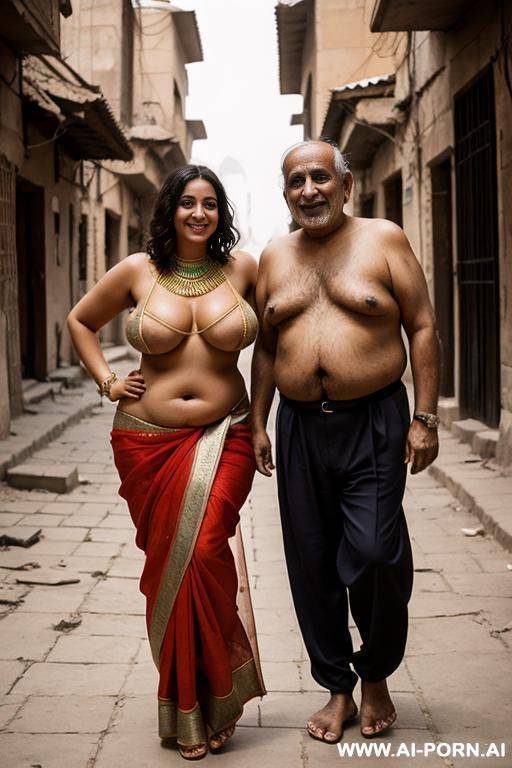 smiling curvy russian chubby brunette with short messy hair wearing sari topless standing with old egyptian man in street - #main