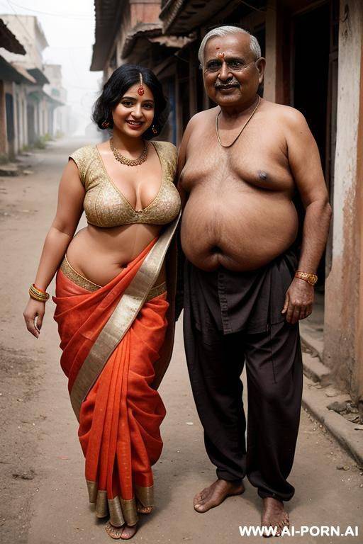 smiling curvy russian chubby brunette with short messy hair wearing sari topless standing with old indian man in street - #main