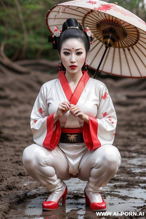 latex outfit, ahegao, squatting over pile of mud, muddy, smelly, sweat stains, mud in panties, mud running down legs - #main