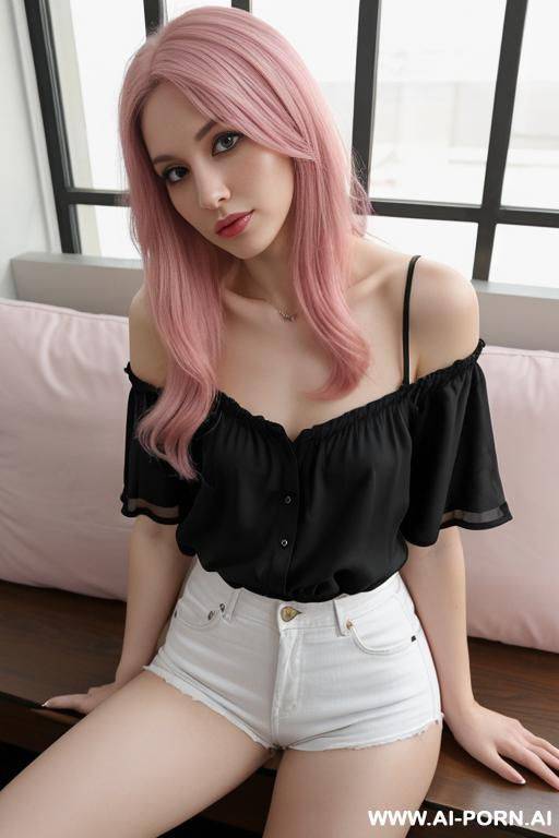 long hair woman short shorts blouse sitting - #main