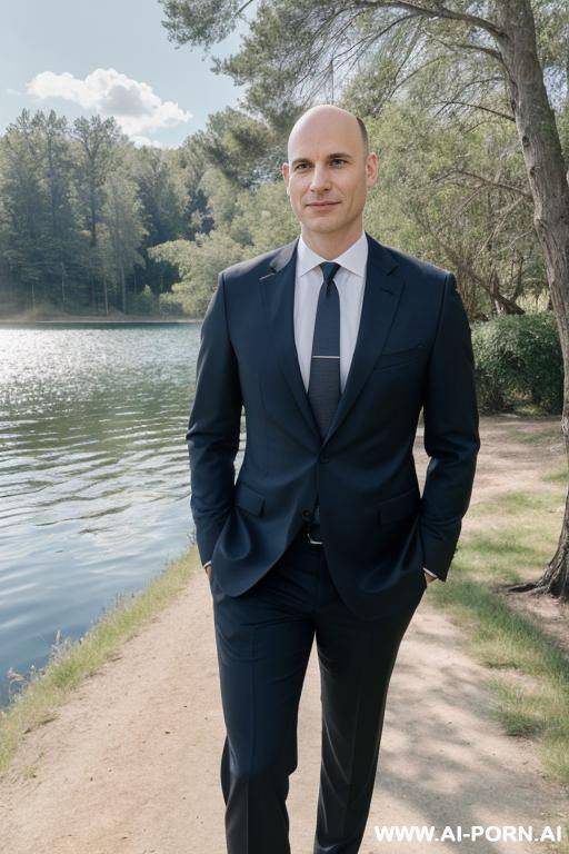 one man in business suit without tie, no beard, lighnearly bald, near a lake in the sun - #main