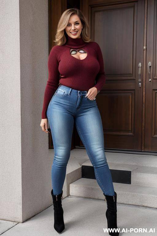 thirty years, swiss secretary, round face, tight jeans, boots with high heels, tight transparant sweater, seducing the viewer, full body view, hourglass figure, exceptionally pretty, gorgeous, masterpiece, smiling, horny, naughty, docile, submissive - #main