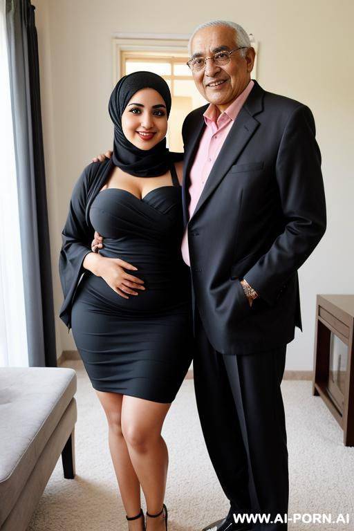 smiling curvy egyptian chubby with short messy hair wearing hijab and short tight cup dress standing with short old man - #main