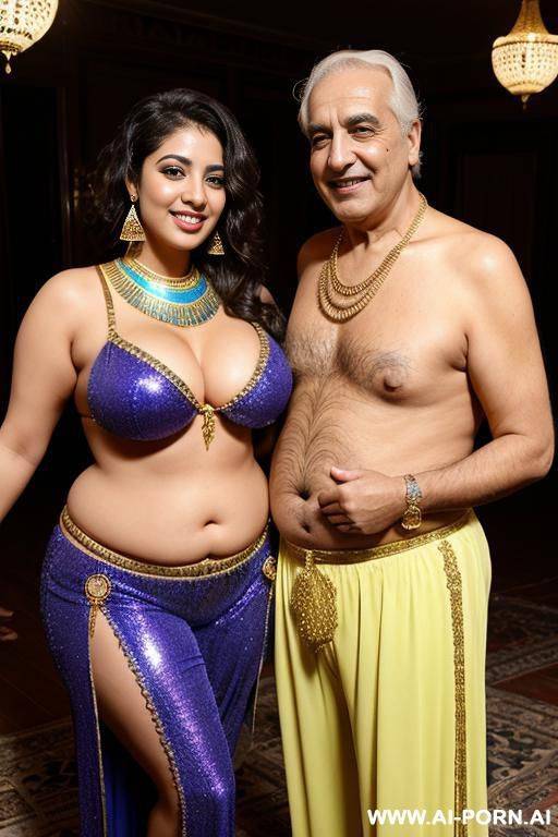 smiling curvy egyptian chubby with short messy hair wearing colored belly dancing suit topless standing with old man - #main