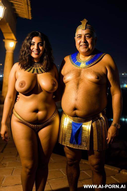 smiling curvy egyptian chubby with short messy hair wearing pharaohs costume topless standing with old man at night - #main