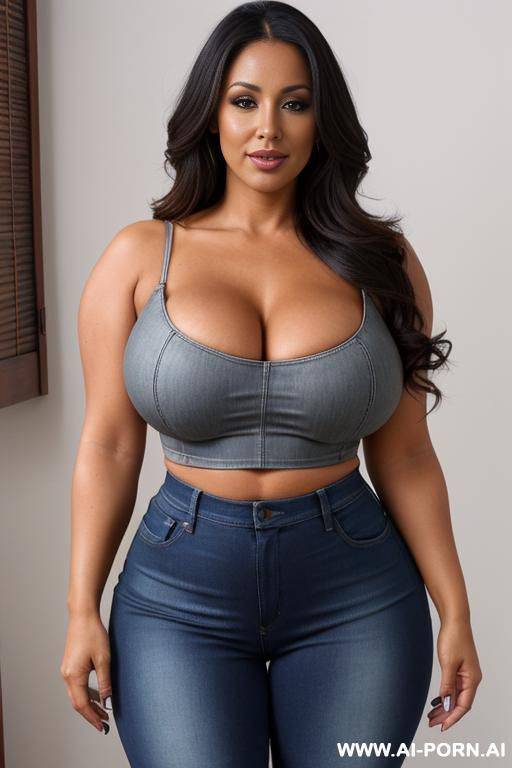colombian tanned woman, wear tight jeans, croptop, heels, chubby thighs, croptop, cuddle - #main
