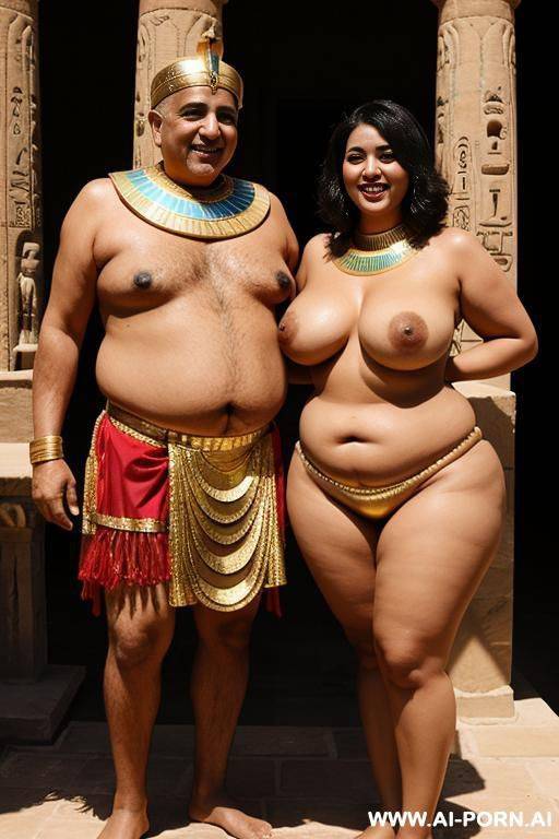 smiling curvy egyptian chubby with short messy hair wearing pharaohs costume topless standing with old man - #main
