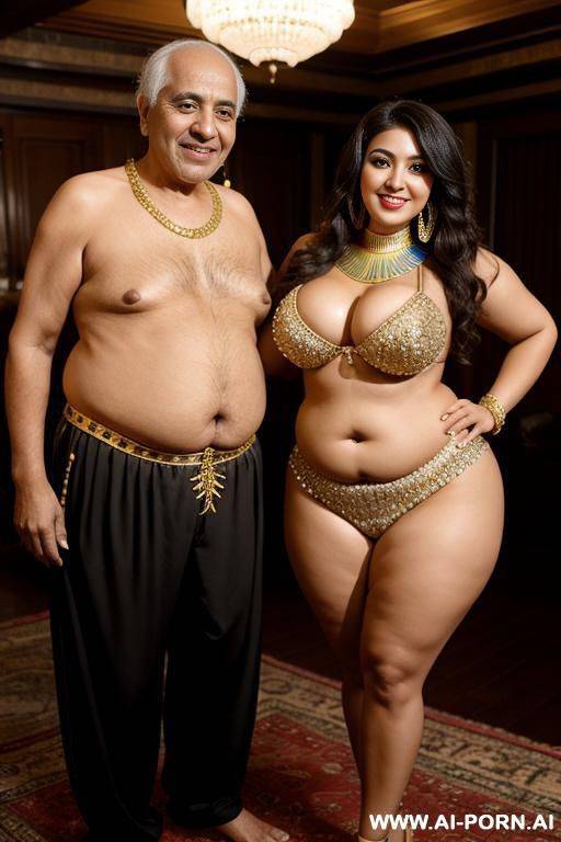 smiling curvy egyptian chubby with short messy hair wearing belly dancing suit topless standing with old man - #main