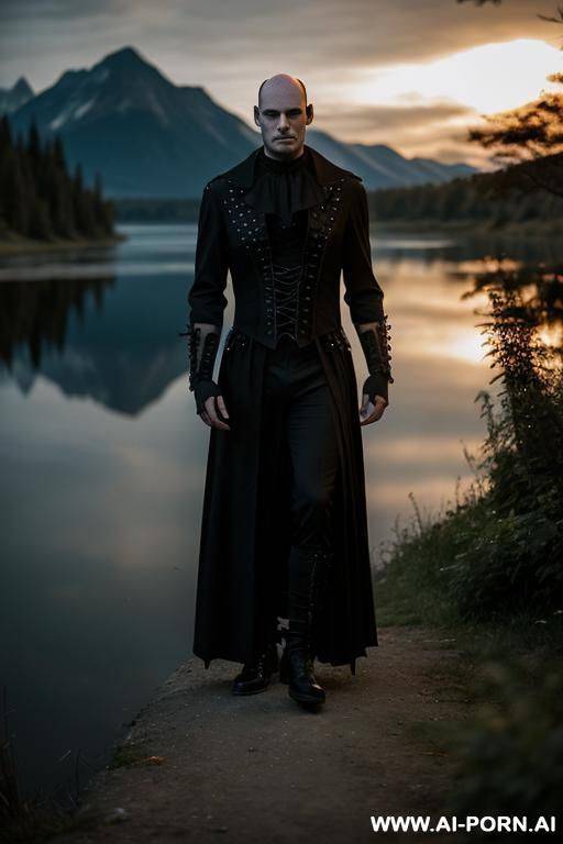 one man in gothic outfit, no beard, nearly bald, near a lake, evening, torchlight, gothic outfit - #main