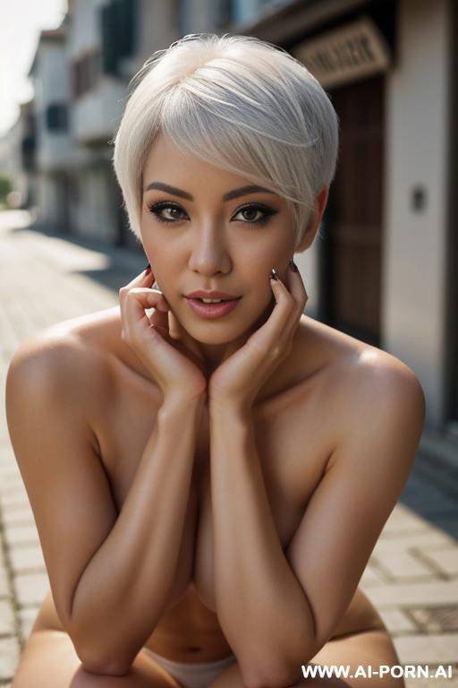 ultra realistic, asian pretty woman, white skin, beautiful face, curved body, gie pose, nude style, massive breasts, four inch wide massive areola, spreading legs, close up full body view, pretty - #main