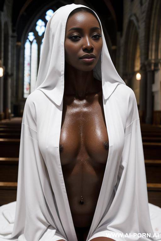 high fantasy nun fucking herself, on knees, ahegao, drooling, lewd, slutty, black and white robes, tits out, abs, blowjob, facial, cum, wet pussy, church, praying, full body view - #main