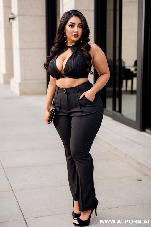 pleated business woman pants, stilleto, very curvy hips, makeup - #main
