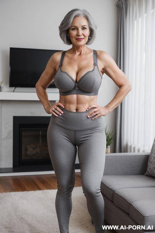 mature grandmother, 0 years old, full body, standing, short gray hair, wearing gray leggings and bra, hands on waist, living room - #main
