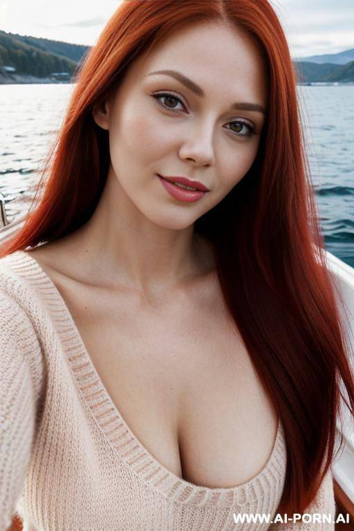 long silky red hair, tight pink pussy, dimples on face, seductive, close up, wearing creamy knitted sweater with cleavage showing, on boat - #main