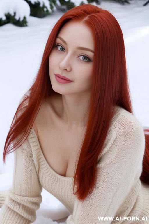 long silky red hair, tight pink pussy, dimples on face, seductive, wearing creamy knitted sweater with cleavage showing, on snow - #main
