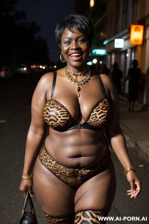 african, fat old milf, animal print hooker outfit, huge saggy boobs, necklace, chocker, elries, street night, waist shot - #main