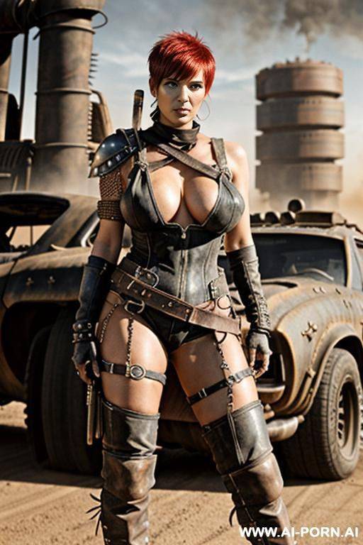 mature woman. toned. tanned. bracelet, thigh chain. short hairstyle with shaved sides. bulging oversized tits. leather shoulder pad. mad max. fallout. ruined city in background. holster. crossbow. city ruins. - #main