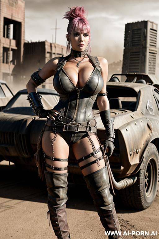 mature woman. toned. tanned. bracelet, thigh chain. punk hairstyle with shaved side. bulging oversized tits. leather shoulder pad. mad max. fallout. ruined city in background. holster. crossbow. city ruins. - #main